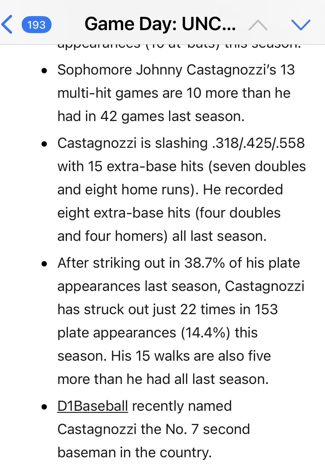UNC game-day notes describing Johnny Castagnozzi's .318/.425/.558 slash line, 13 multi-hit games, reduced strikeout rate and D1Baseball ranking as the No. 7 second baseman nationally.