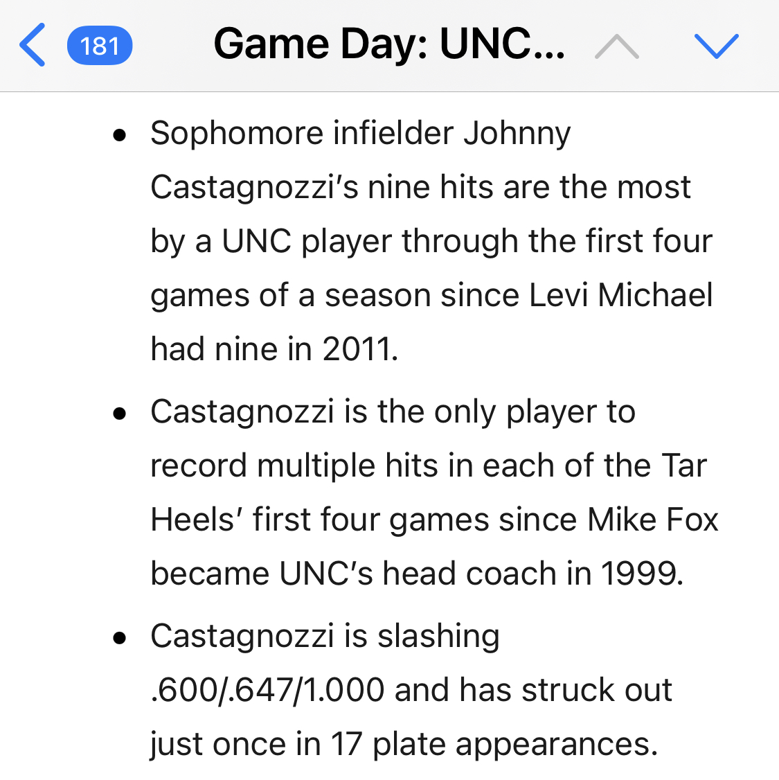 UNC game-day notes stating that Johnny Castagnozzi recorded nine hits and multiple hits in each of the Tar Heels' first four games while slashing .600/.647/1.000.