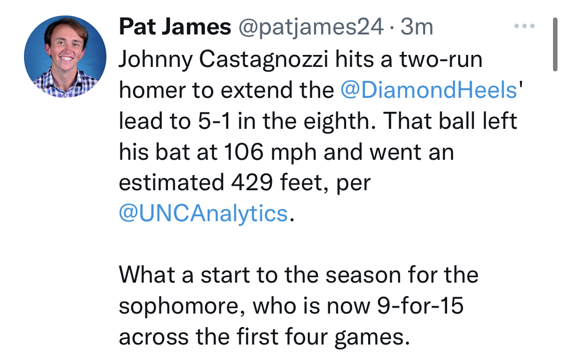 Social post reporting that Johnny Castagnozzi hit a two-run home run at 106 mph for an estimated 429 feet, and was 9-for-15 through four games.