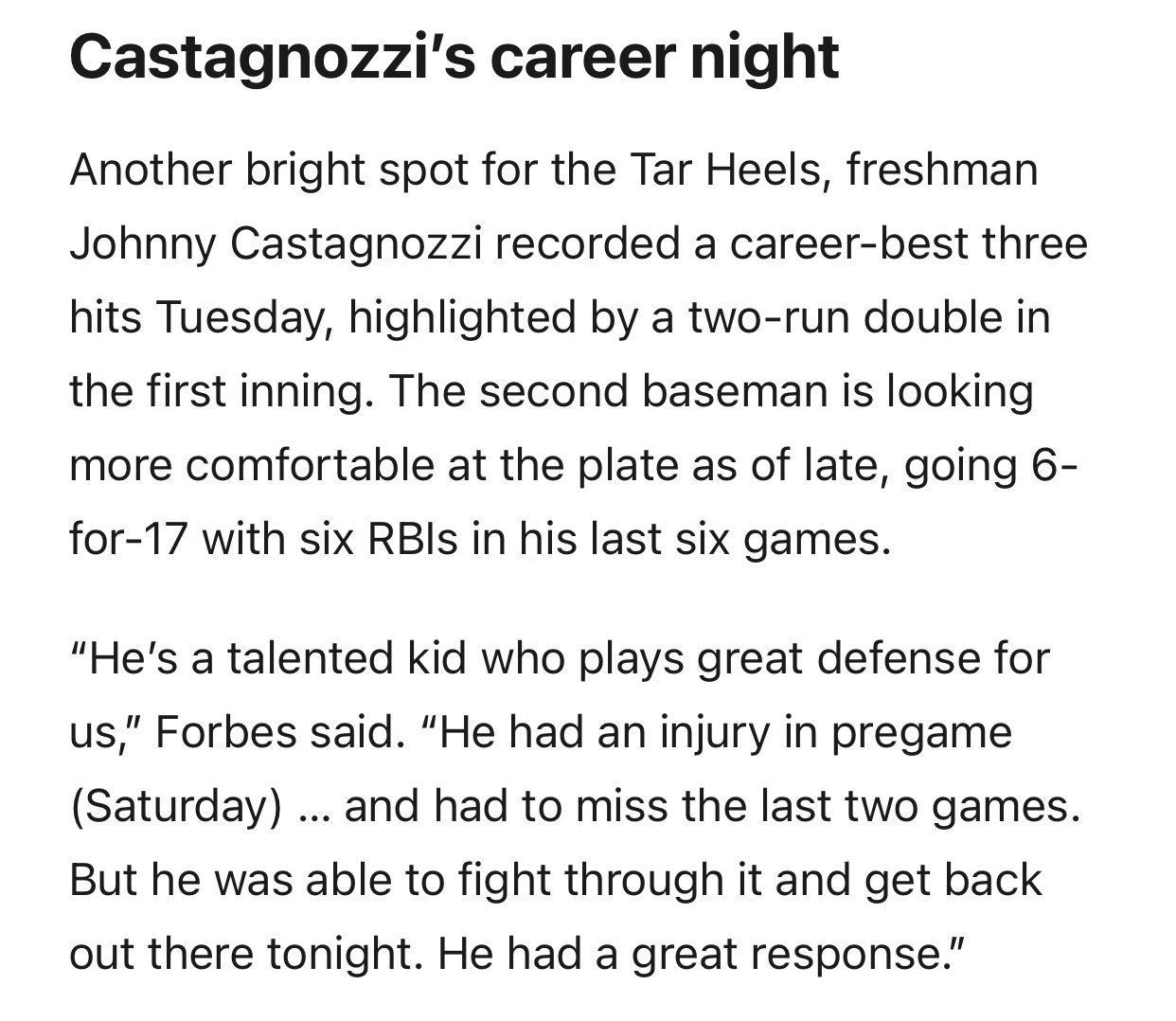 Article excerpt titled “Castagnozzi's career night” describing a career-best three-hit game including a two-run double, and a coach's comments on his defense and his response after an injury.